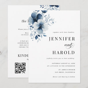 Convite Casamento Simples Floral Azul Marinho Tudo em Um