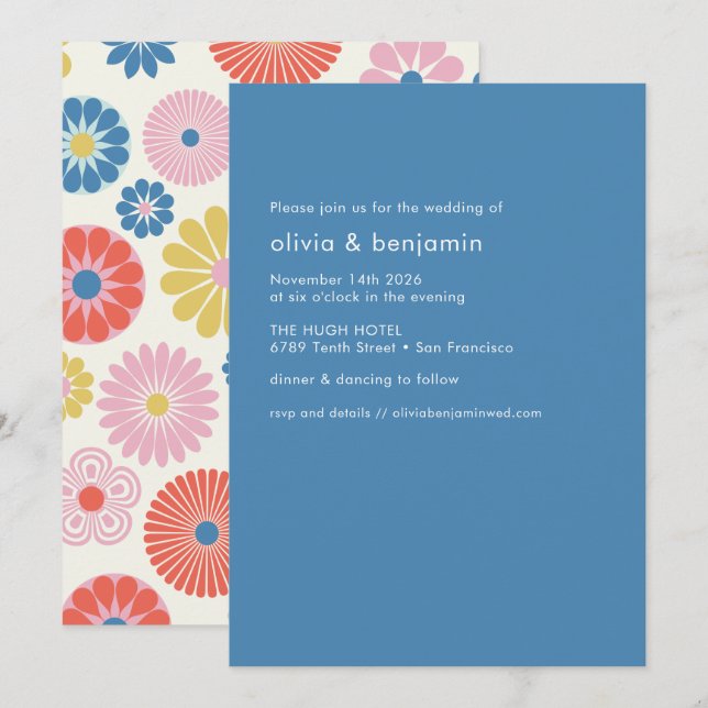 Convite Casamento Simples Floral Boho Escandinavo Azul (Frente/Verso)