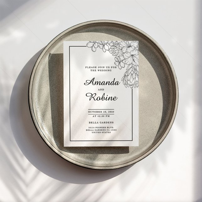 Convite Casamento Simples Floral Moderno Preto e Branco (Criador carregado)