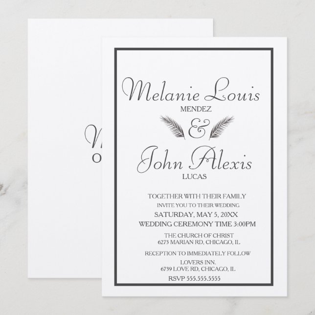 Convite Casamento Simples Folhagem Tropical Minimalista (Frente/Verso)