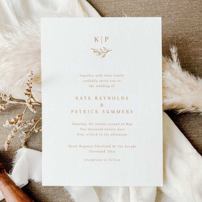 Convite Casamento Simples Folhas de Verdura Monograma Eleg (Minimal greenery wedding monogram elegant wedding invitations.)