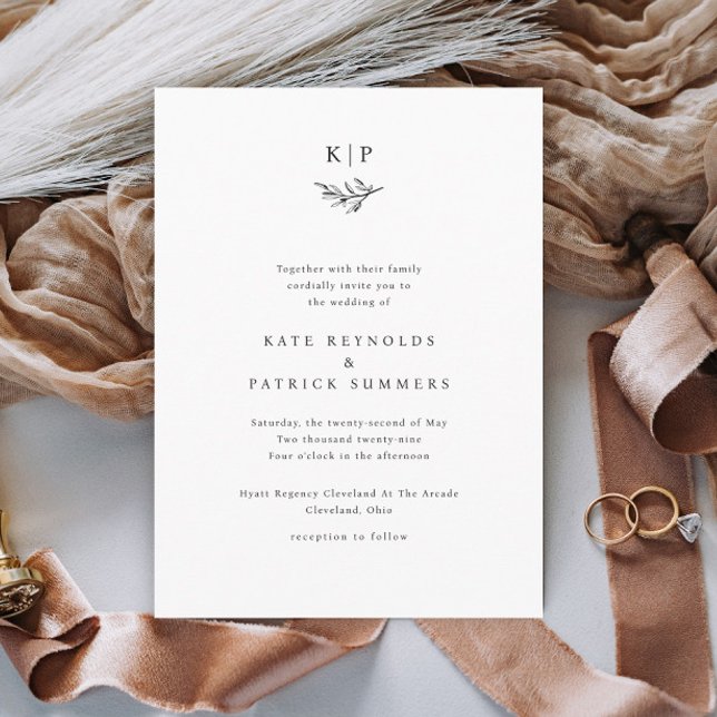 Convite Casamento Simples Folhas de Verdura Monograma Eleg (Simple Wedding Monogram with Greenery Wedding Invitations.)
