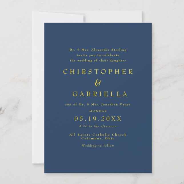 Convite Casamento Simples Formal Azul Marinho e Dourado (Frente)