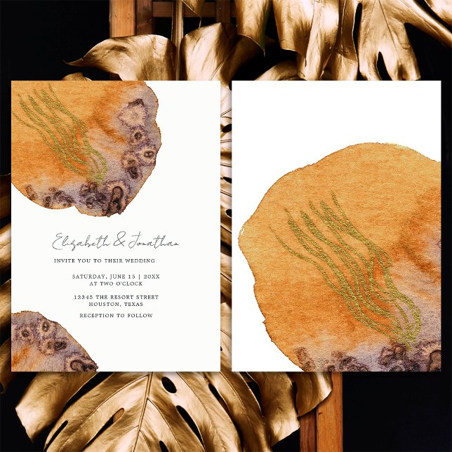 Convite Casamento Simples Laranja Dourado Aquarela Boho (Front/Back)