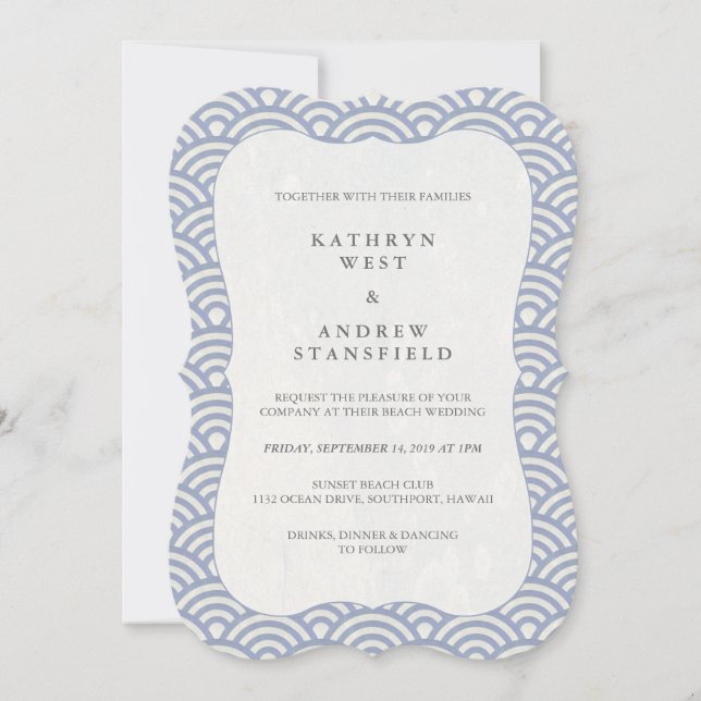 Convite Casamento Simples Lilás Azul Japonês Ondas Seigaih (Frente)
