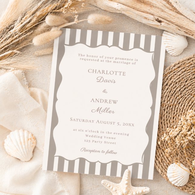 Convite Casamento simples listrado de marrom claro e marfi (Criador carregado)