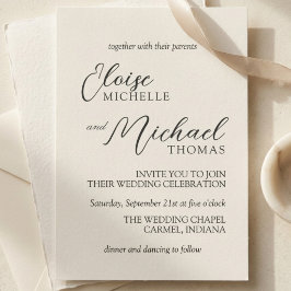 Convite Casamento Simples Marfim Clássico em Script