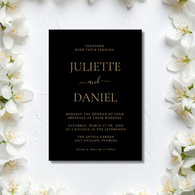 Convite Casamento Simples Minimalista Moderno Preto e Dour (Criador carregado)
