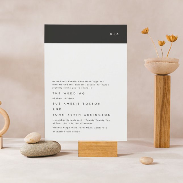 Convite Casamento Simples Moderno com Banda Negra Monogram (Criador carregado)