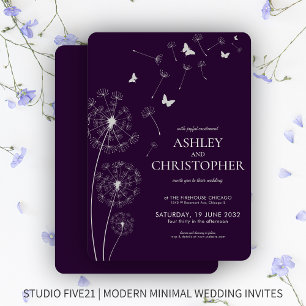 Convite Casamento Simples Moderno de Dandelion Roxo Escuro