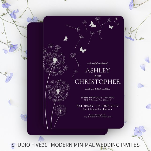 Convite Casamento Simples Moderno de Dandelion Roxo Escuro (Criador carregado)
