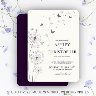 Convite Casamento Simples Moderno de Dandelion Roxo Escuro