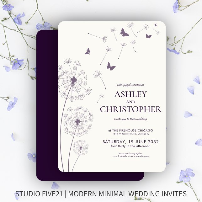 Convite Casamento Simples Moderno de Dandelion Roxo Escuro (Criador carregado)