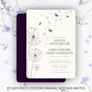 Convite Casamento Simples Moderno de Dandelion Roxo Escuro