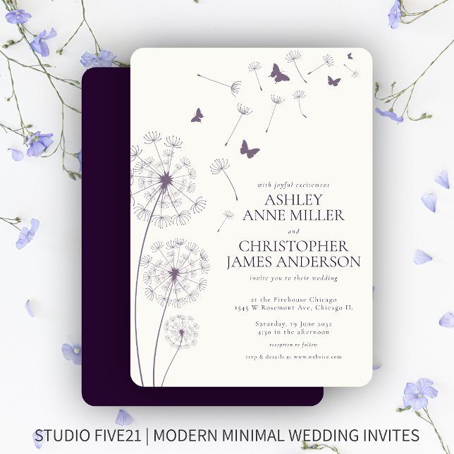 Convite Casamento Simples Moderno de Dandelion Roxo Escuro (Criador carregado)