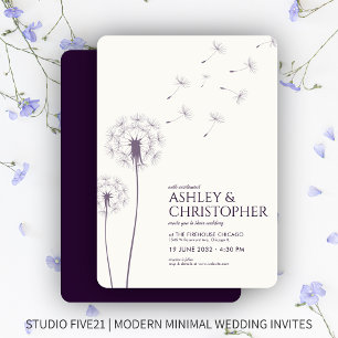 Convite Casamento Simples Moderno de Dandelion Roxo Escuro