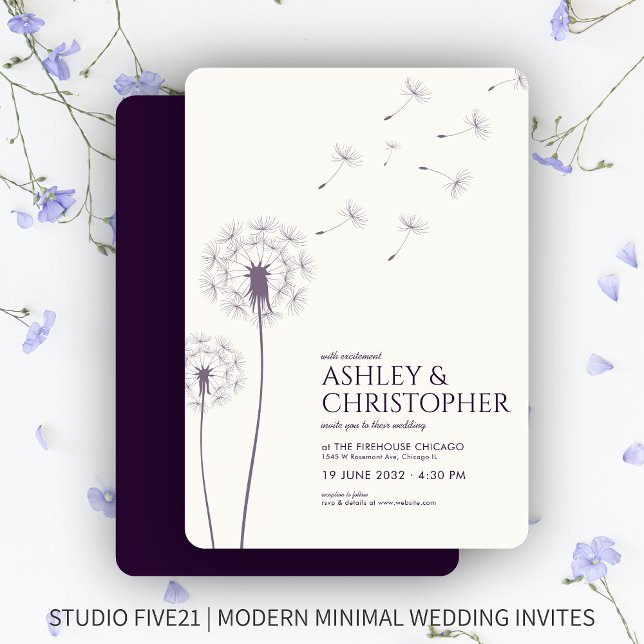 Convite Casamento Simples Moderno de Dandelion Roxo Escuro (Criador carregado)