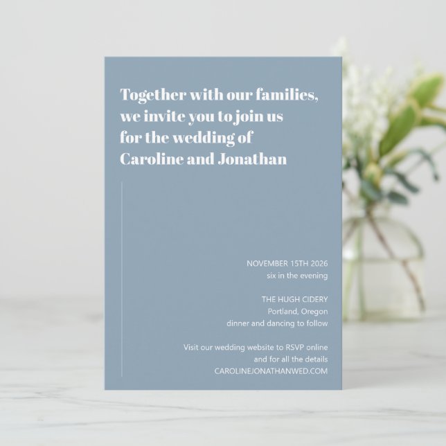 Convite Casamento Simples Moderno Minimalista Azul Poeiren (Em pé/Frente)
