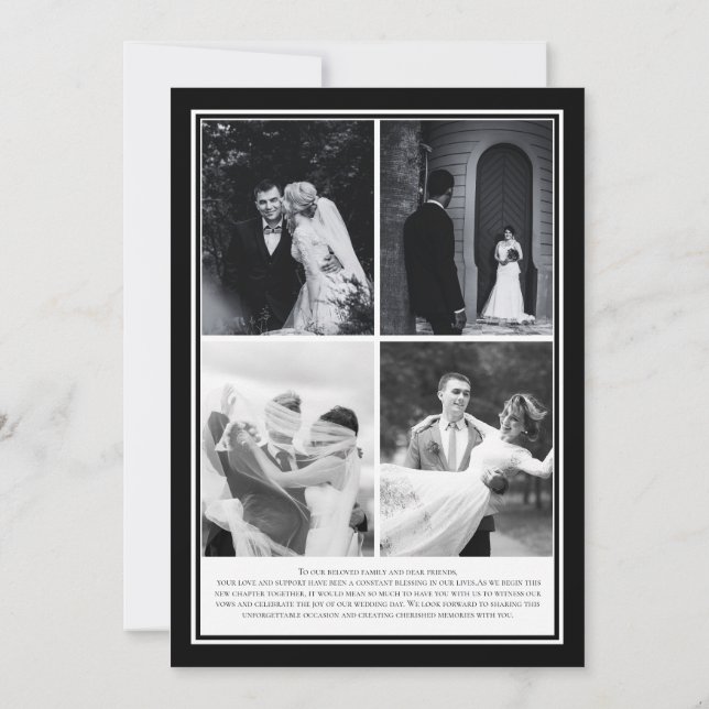 Convite Casamento Simples Moderno Preto e Branco 4 Fotos (Verso)
