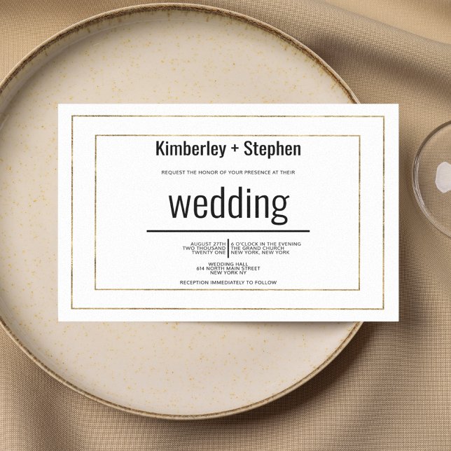 Convite Casamento simples moderno tipografia preto branco  (Simple modern black white gold typography wedding )