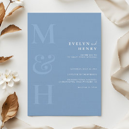 Convite Casamento Simples Monograma Azul Poeirento Minimal