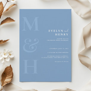Convite Casamento Simples Monograma Azul Poeirento Minimal