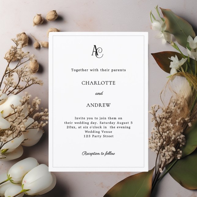 Convite Casamento simples monograma moderno preto branco (Criador carregado)