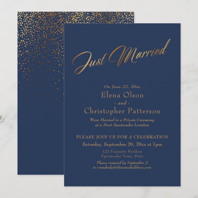 Convite Casamento Simples Navy & Dourado com Letreiro de C (Frente/Verso)