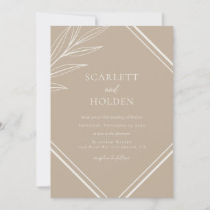 Convite Casamento Simples Neutro e com Folha de Creme