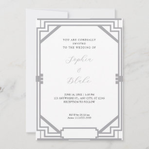 Convite Casamento Simples Prata e Branco em Arte Deco Vint