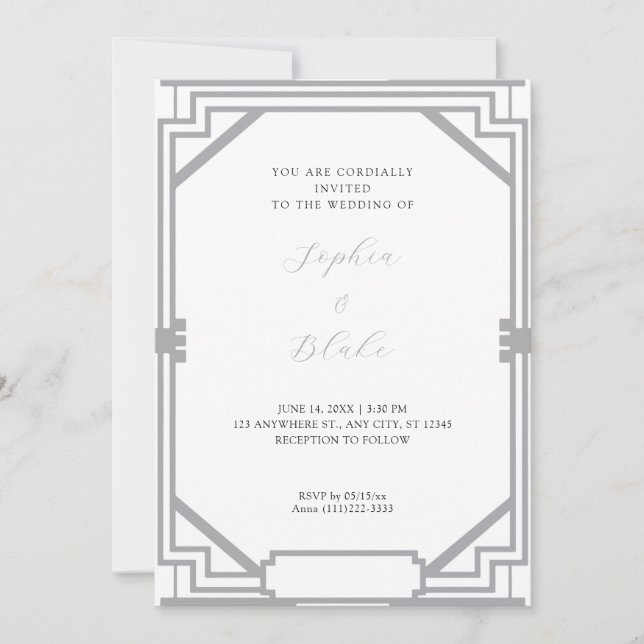 Convite Casamento Simples Prata e Branco em Arte Deco Vint (Frente)