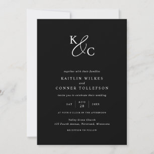 Convite Casamento Simples Preto e Branco com Iniciais Mode