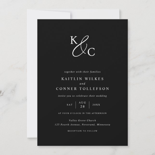 Convite Casamento Simples Preto e Branco com Iniciais Mode (Frente)