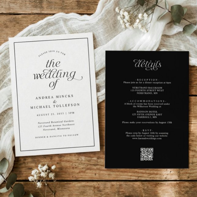 Convite Casamento Simples Preto e Branco Tudo em Um (Elegant black and white wedding invitation with calligraphy, simple border, and QR code.)