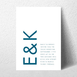 Convite Casamento Simples Real Azul Moderno Monograma