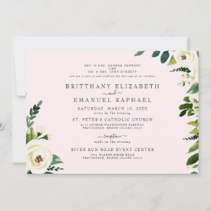 Convite Casamento Simples Rosa Floral Branca para Ambos os