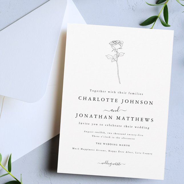 Convite Casamento Simples Rosa Minimalista (Simple single rose minimalist floral line art black and white wedding invitation)