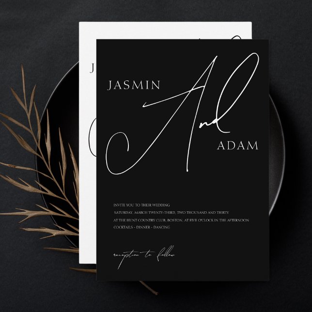 Convite Casamento Simples Tipografia Script Preto Branco (Criador carregado)