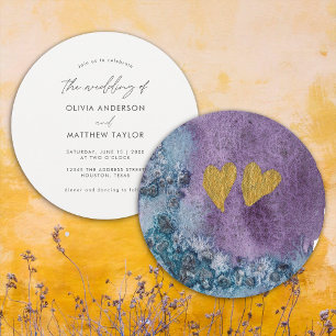 Convite Casamento Simples Único Corações Dourados Aquarela