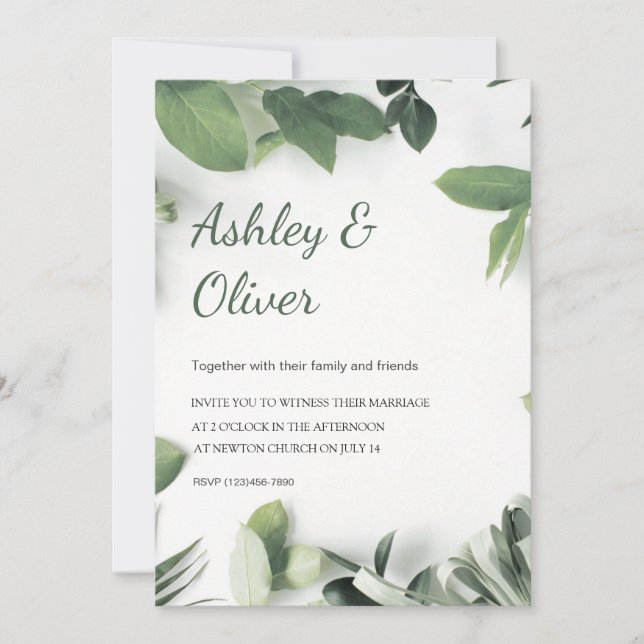 Convite Casamento Simples Verde Branco Folhas Verdejantes (Frente)