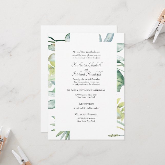 Convite Casamento Simplesmente Elegante com Verdura Tropic (Frente/Verso In Situ)