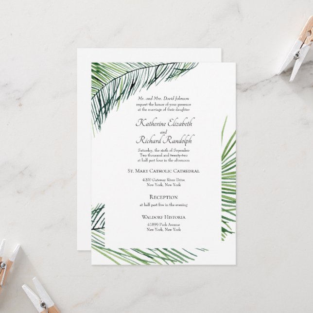 Convite Casamento Simplesmente Elegante de Palmeiras Tropi (Frente/Verso In Situ)
