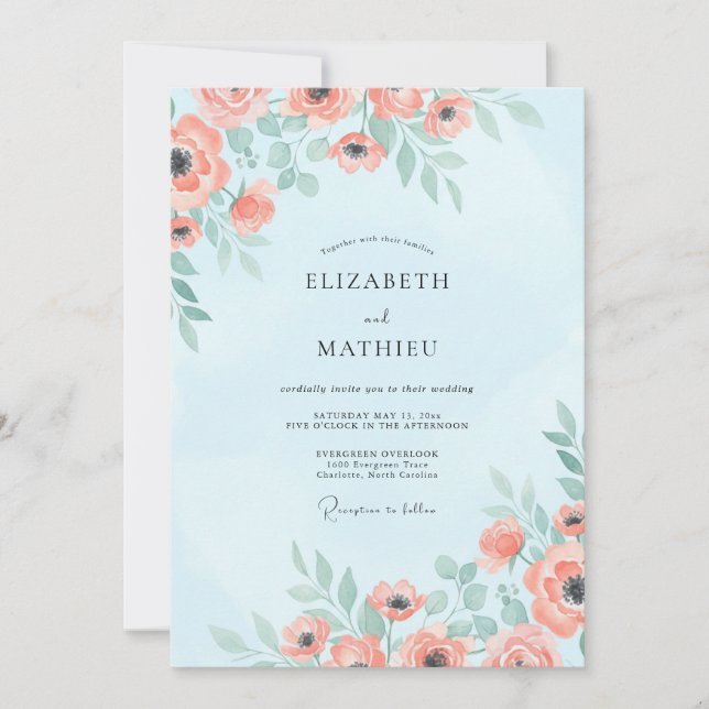 Convite Casamento Sky Coral Poppy (Frente)