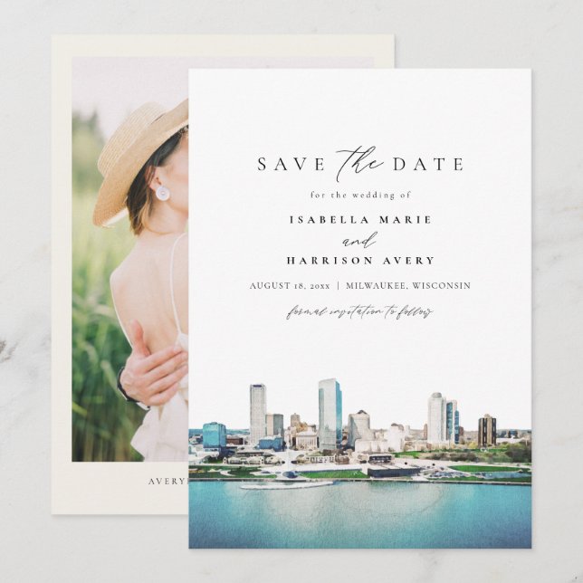 Convite Casamento Skyline MILWAUKEE Wisconsin Salve a Data (Frente/Verso)