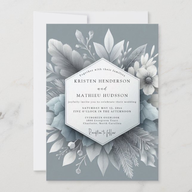 Convite Casamento Slate Blue Frosty Flora (Frente)