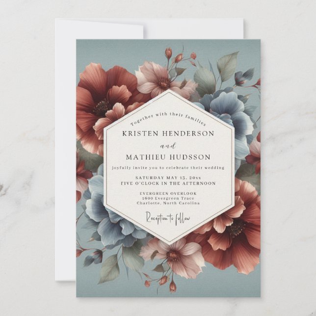 Convite Casamento Slate Blue Terra Bloom (Frente)