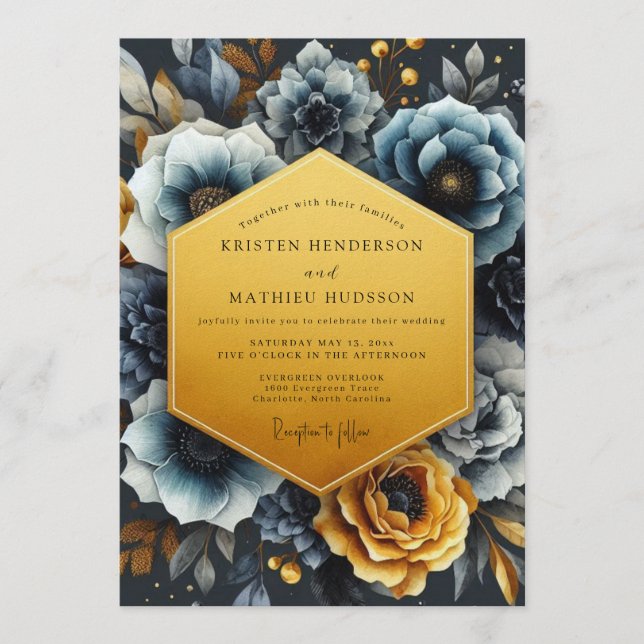 Convite Casamento Slate Gold Moody Bloom (Frente)