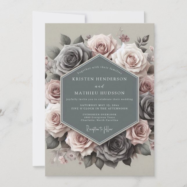Convite Casamento Slate & Mauve Somber Rose (Frente)