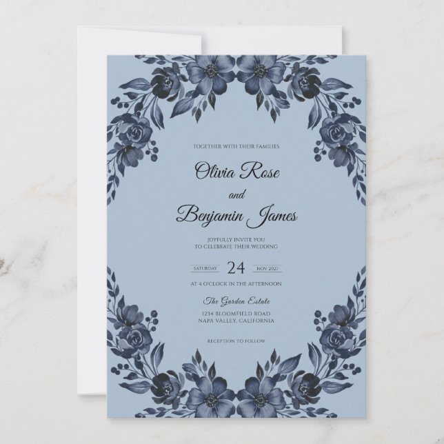 Convite Casamento Slate Navy Bloom (Frente)
