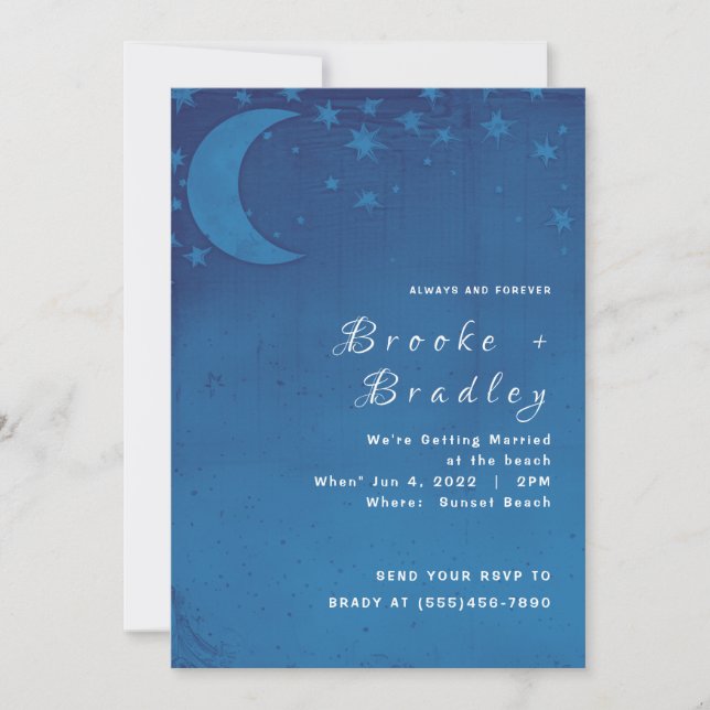 Convite Casamento sob o Céu Noturno com Lua Crescente Azul (Frente)
